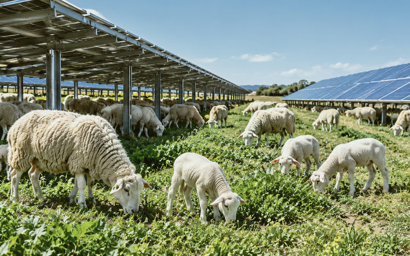 Moutons pâturant sous des panneaux solaires